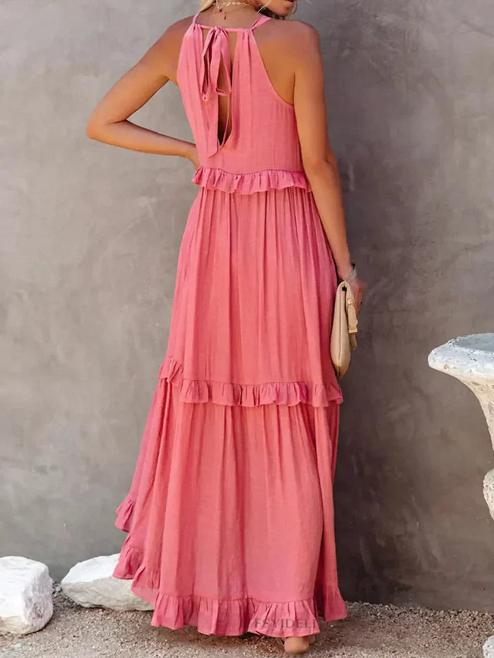 Women’s Maxi Dress – Sleeveless Low Back – Tiered Ruffle Skirt – Flowy Cotton Fit