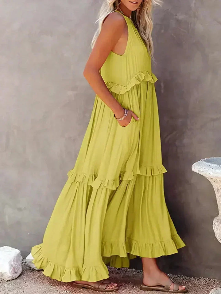 Women’s Maxi Dress – Sleeveless Low Back – Tiered Ruffle Skirt – Flowy Cotton Fit