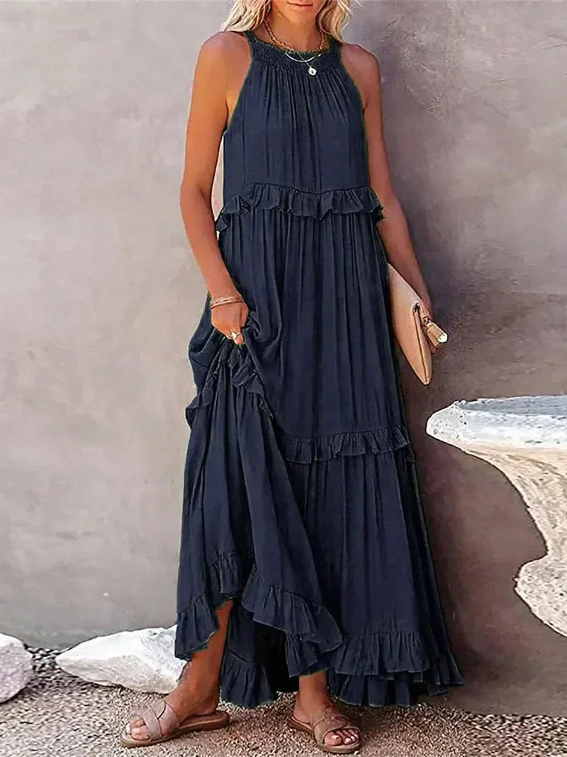 Women’s Maxi Dress – Sleeveless Low Back – Tiered Ruffle Skirt – Flowy Cotton Fit
