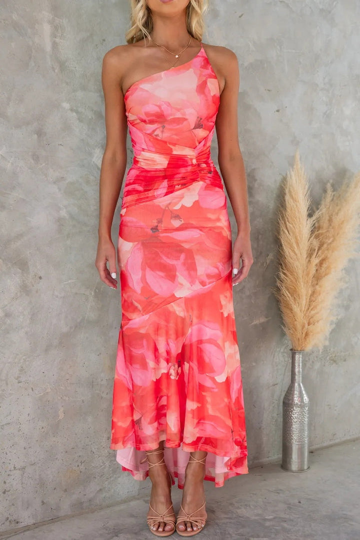 Women’s One-Shoulder Maxi Dress – Ruched Bodice – Flowy Skirt – Lightweight Fabric