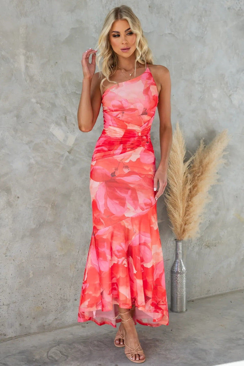 Women’s One-Shoulder Maxi Dress – Ruched Bodice – Flowy Skirt – Lightweight Fabric