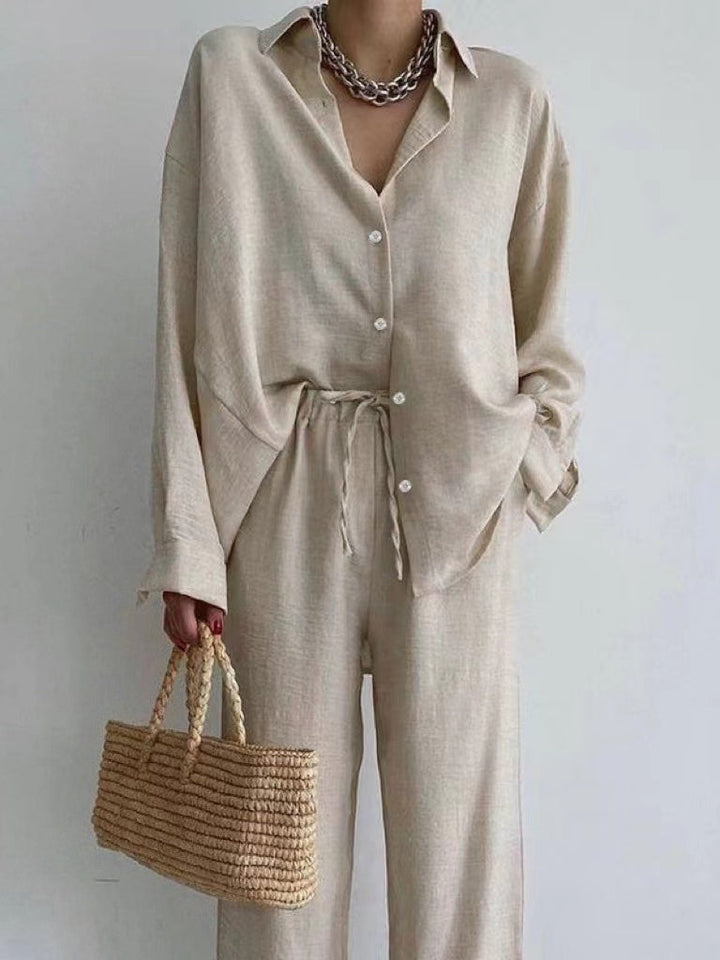 Women’s Two-Piece Set – Relaxed Fit Blouse & Wide-Leg Pants – Natural Fibers – Button-Down Top