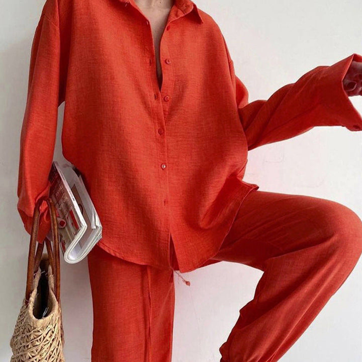 Women’s Two-Piece Set – Relaxed Fit Blouse & Wide-Leg Pants – Natural Fibers – Button-Down Top
