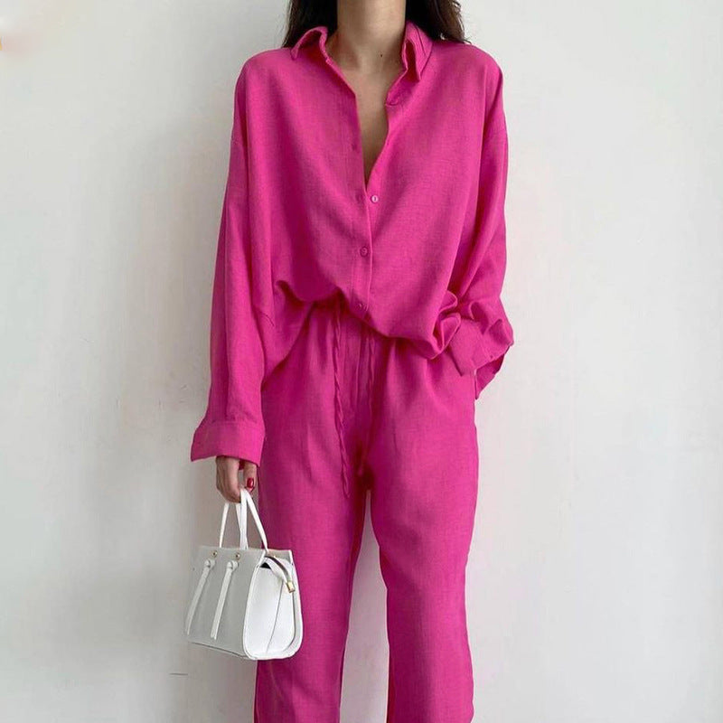 Women’s Two-Piece Set – Relaxed Fit Blouse & Wide-Leg Pants – Natural Fibers – Button-Down Top