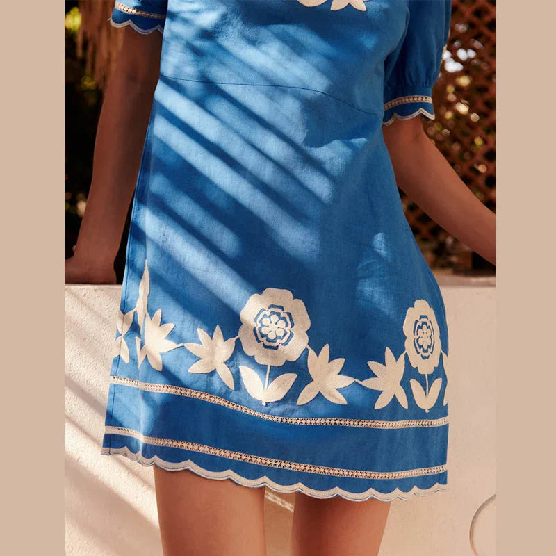 Women's Short Dress - Floral Embroidery - Puff Sleeve - Lightweight Casual Wear