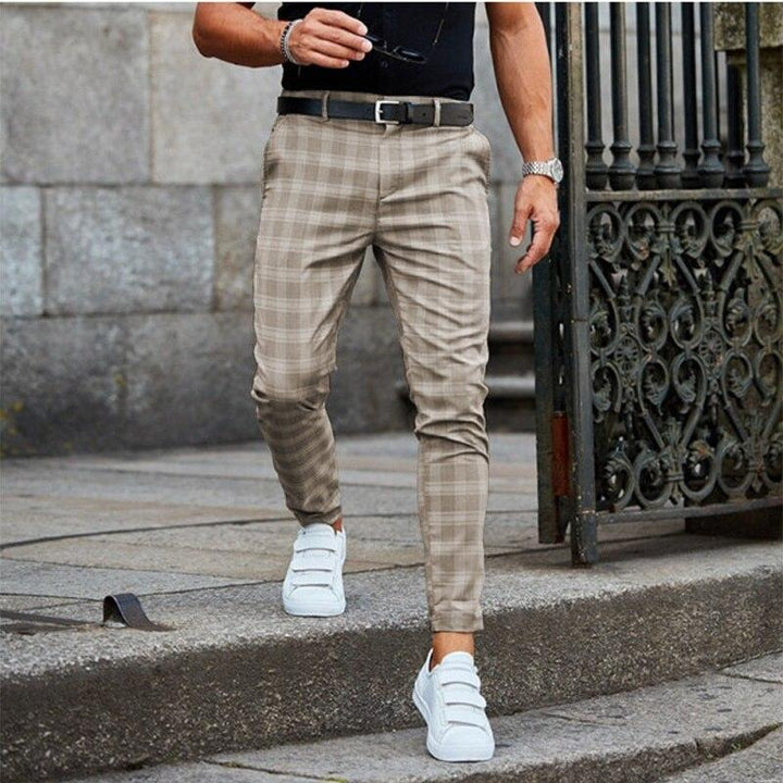 Men’s Chino Pants – Slim Fit – Tapered Leg – Breathable Blend – Checked Pattern