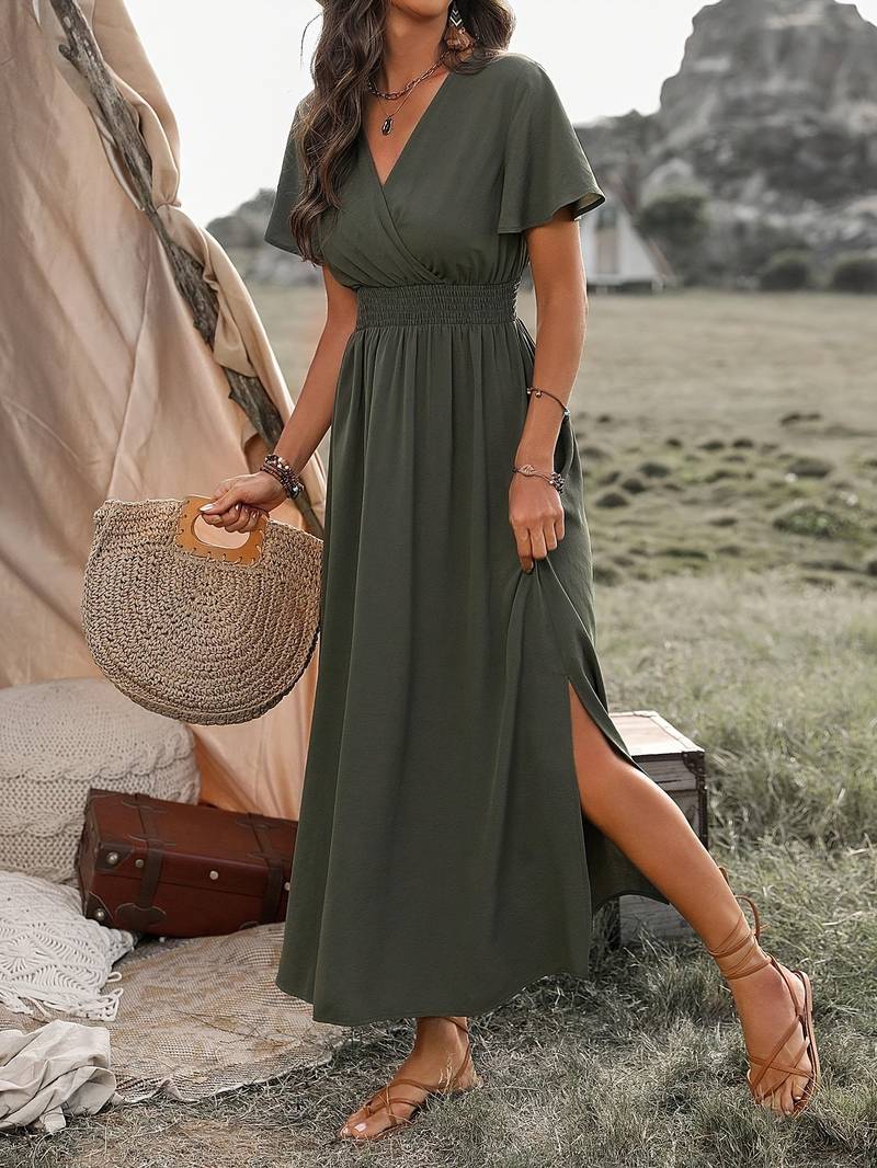 Women’s Midi Dress – V-Neck Wrap – Relaxed A-Line Fit – Short Sleeve – Breathable Blend