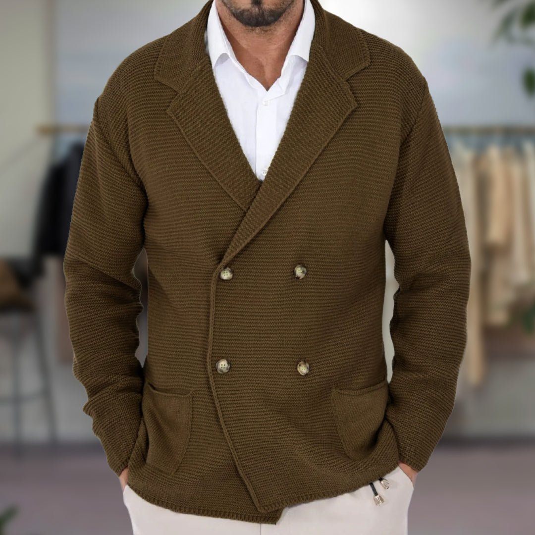 Men’s Cardigan - Textured Knit - Regular Fit - Double-Breasted - Blazer-Style Lapel