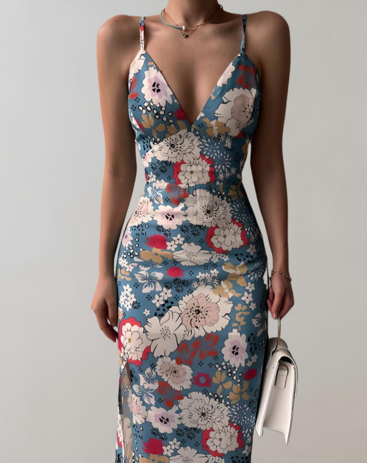 Women's Bodycon Midi Dress - Sleeveless - V-Neck - Spaghetti Straps - Floral Pattern