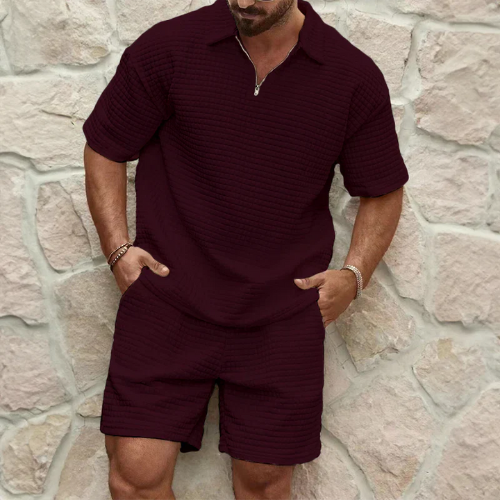 Men’s Leisure Set – Relaxed Fit –  Comfortable Blend – Textured Zip Collar Top
