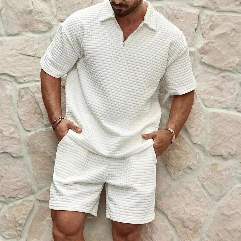 Men’s Leisure Set – Relaxed Fit –  Comfortable Blend – Textured Zip Collar Top
