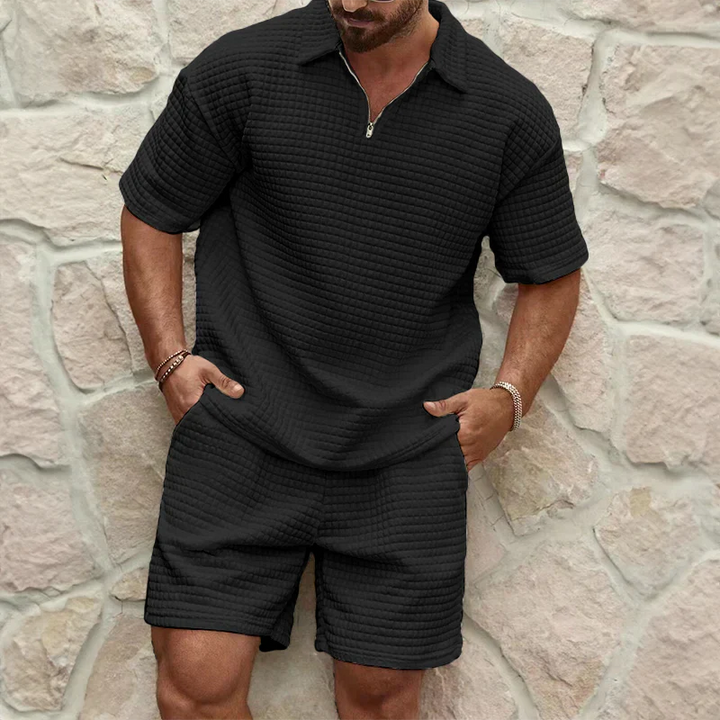 Men’s Leisure Set – Relaxed Fit –  Comfortable Blend – Textured Zip Collar Top