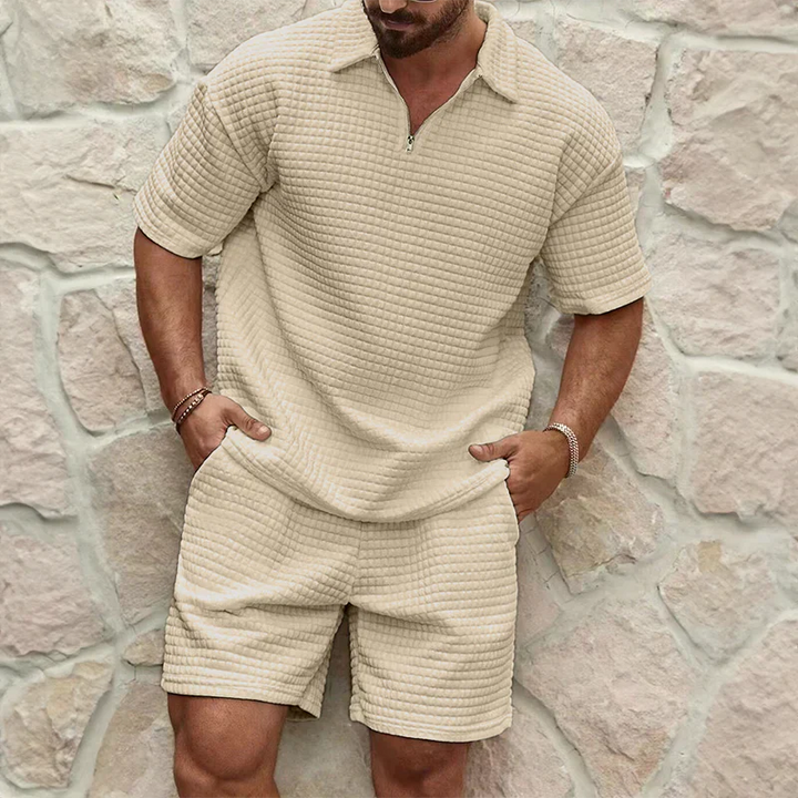 Men’s Leisure Set – Relaxed Fit –  Comfortable Blend – Textured Zip Collar Top