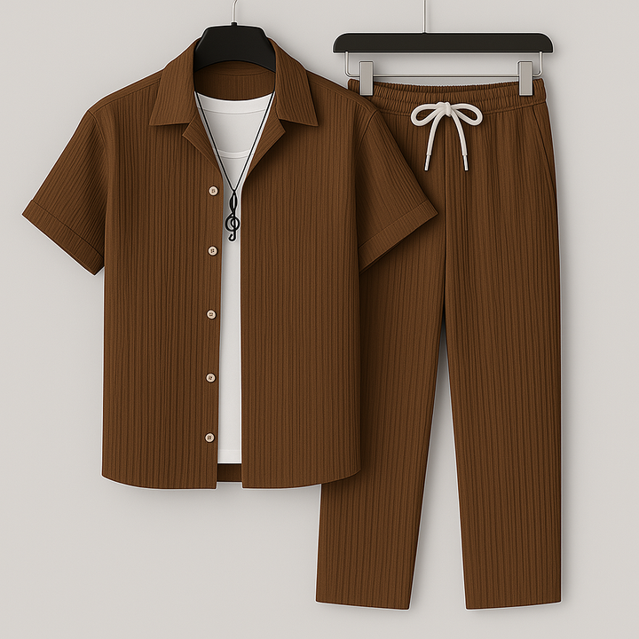Men’s Two-Piece Set – Relaxed Fit – Short Sleeve Shirt – Drawstring Trousers – Natural Fibers