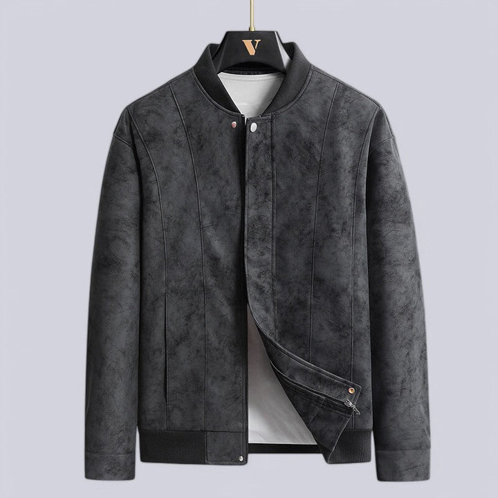 Men’s Leather Jacket – Structured Fit – Ribbed Trim – Zip Front with Snap Closure