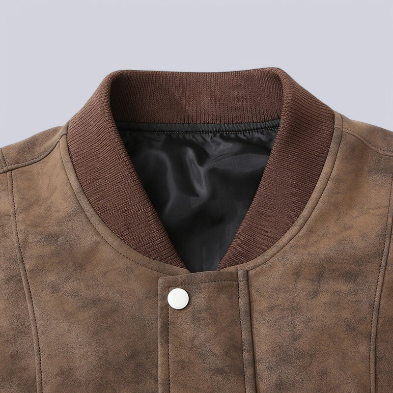 Men’s Leather Jacket – Structured Fit – Ribbed Trim – Zip Front with Snap Closure