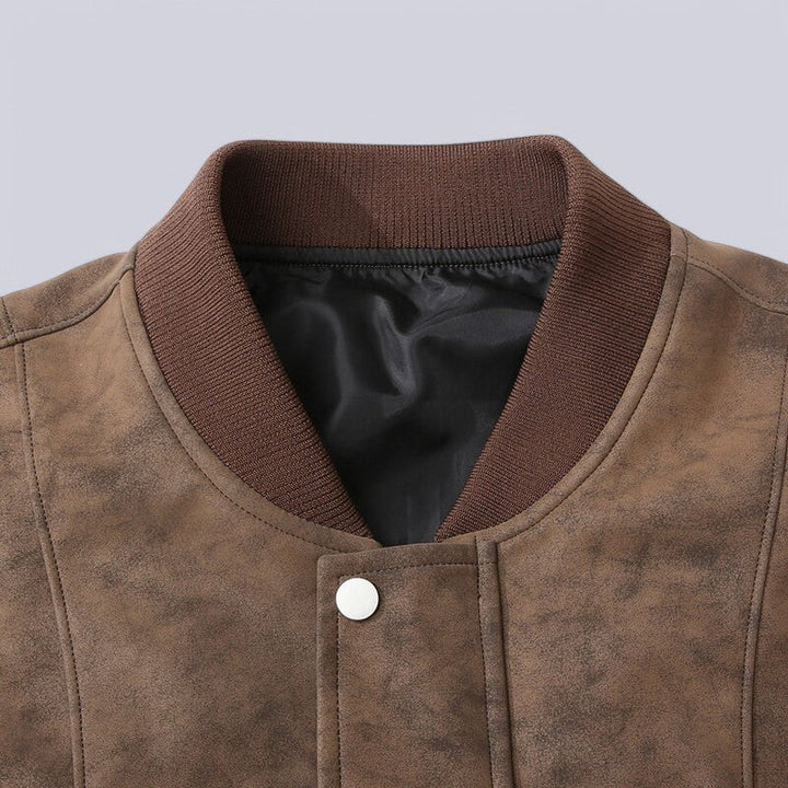 Men’s Leather Jacket – Structured Fit – Ribbed Trim – Zip Front with Snap Closure