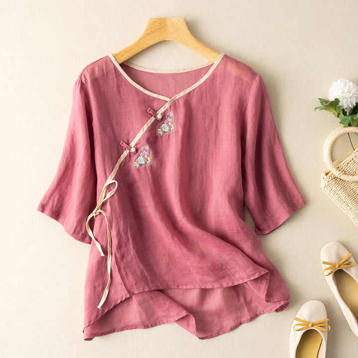 Women’s Blouse – Loose Fit – Short Sleeve – Embroidered Front – Breathable Blend – Front Tie