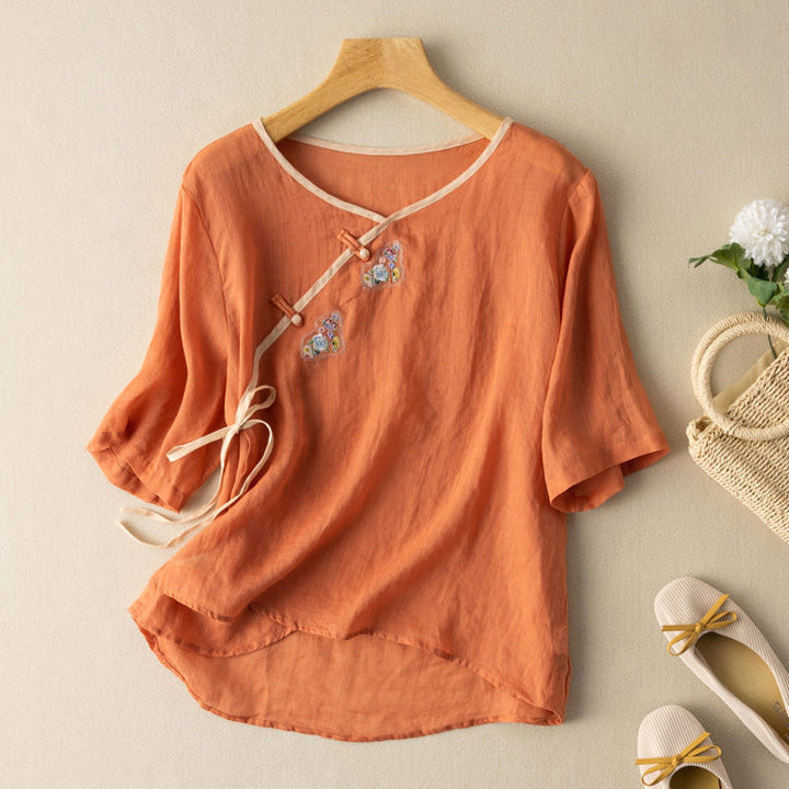 Women’s Blouse – Loose Fit – Short Sleeve – Embroidered Front – Breathable Blend – Front Tie