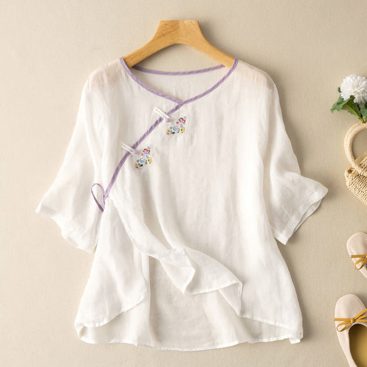Women’s Blouse – Loose Fit – Short Sleeve – Embroidered Front – Breathable Blend – Front Tie