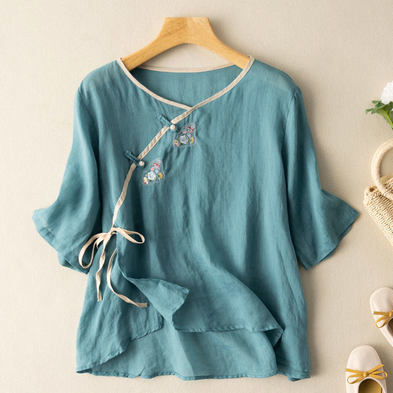 Women’s Blouse – Loose Fit – Short Sleeve – Embroidered Front – Breathable Blend – Front Tie