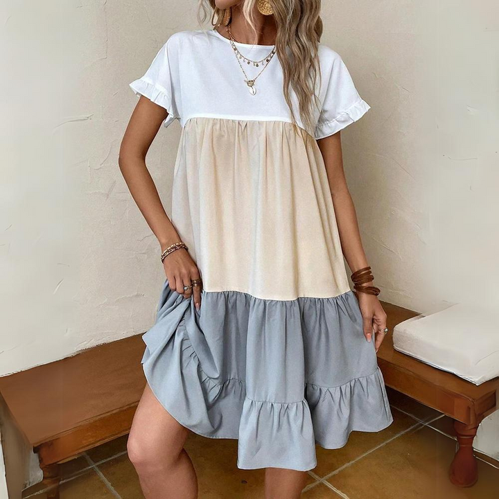 Women's Babydoll Dress - Tiered Loose Fit - Short Sleeve Ruffle - Above Knee Casual