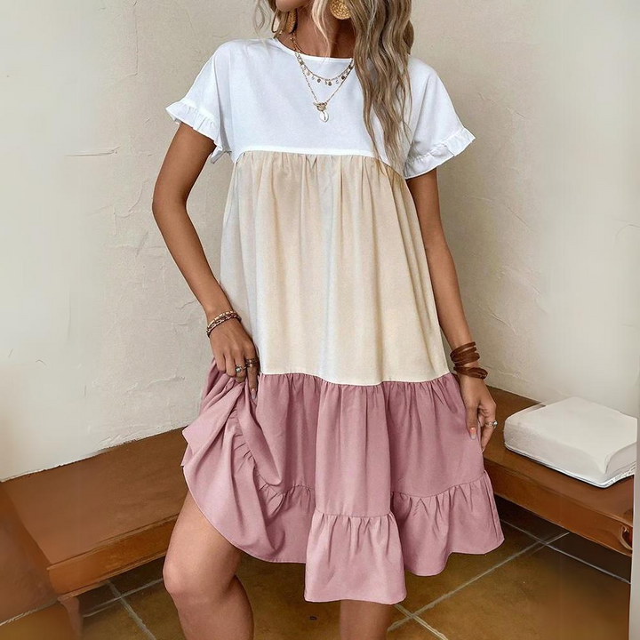 Women's Babydoll Dress - Tiered Loose Fit - Short Sleeve Ruffle - Above Knee Casual