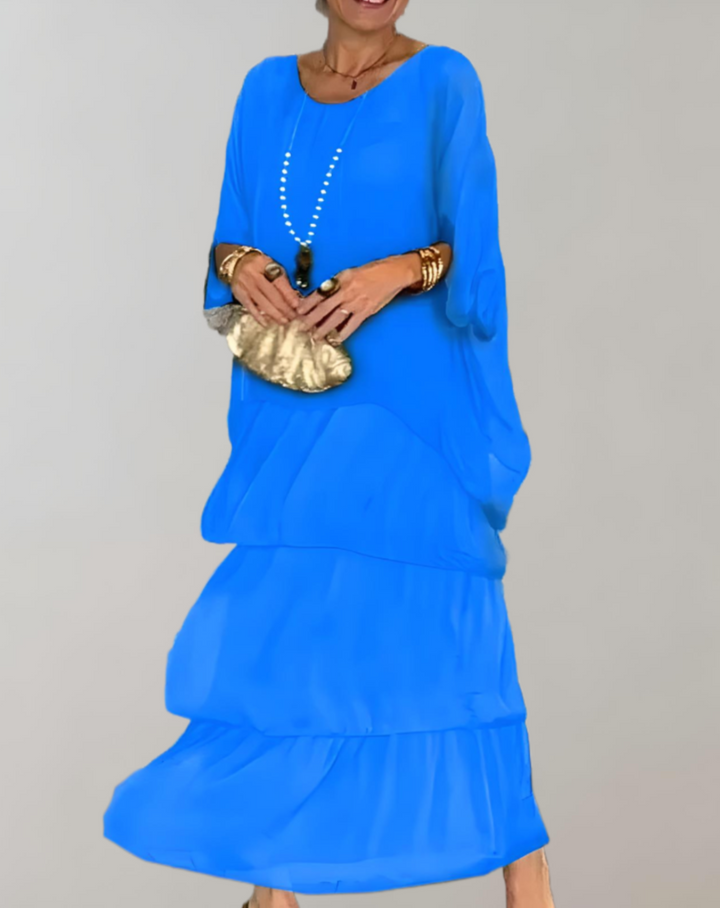 Women's Maxi Dress - Flowing Tiered Design - Relaxed Fit - Sheer 3/4 Sleeves