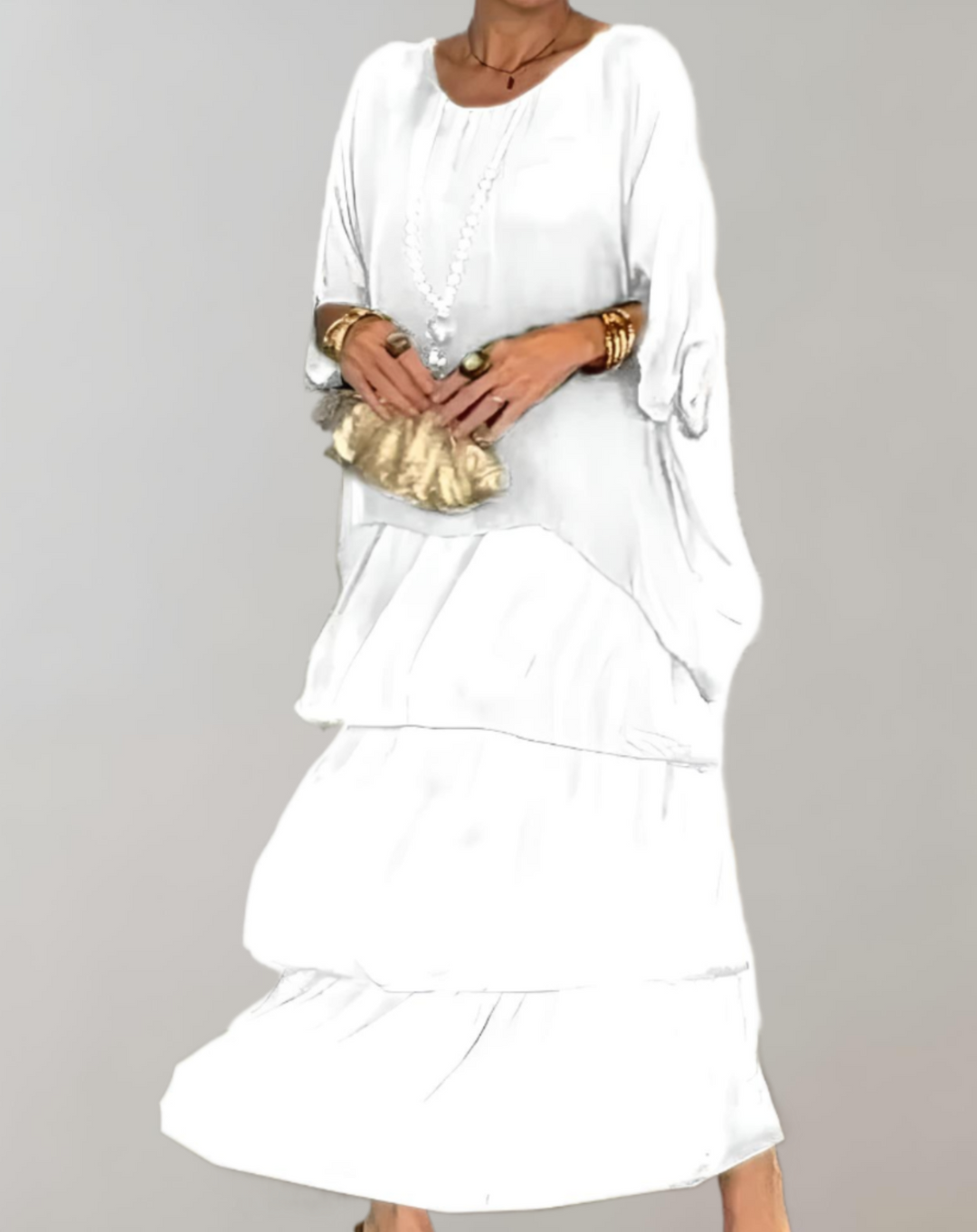 Women's Maxi Dress - Flowing Tiered Design - Relaxed Fit - Sheer 3/4 Sleeves