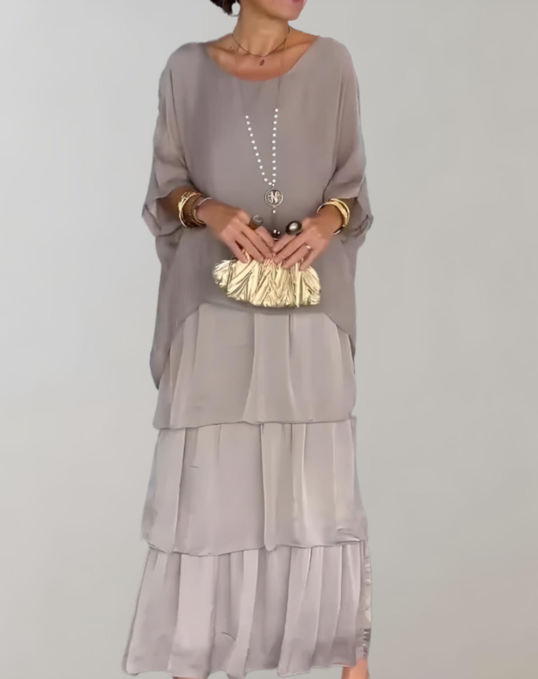 Women's Maxi Dress - Flowing Tiered Design - Relaxed Fit - Sheer 3/4 Sleeves