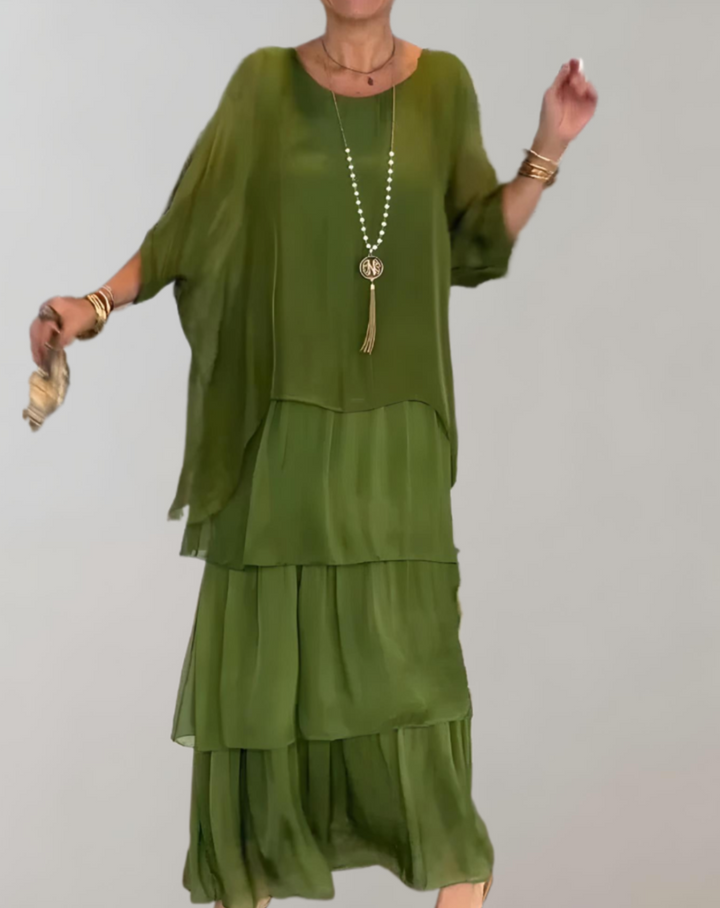 Women's Maxi Dress - Flowing Tiered Design - Relaxed Fit - Sheer 3/4 Sleeves