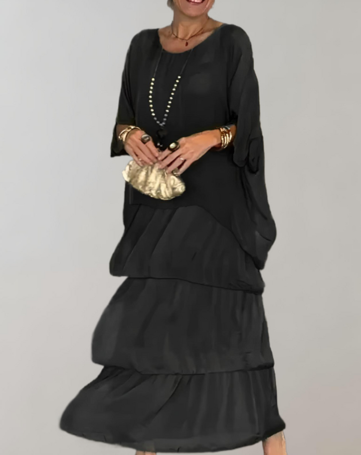Women's Maxi Dress - Flowing Tiered Design - Relaxed Fit - Sheer 3/4 Sleeves