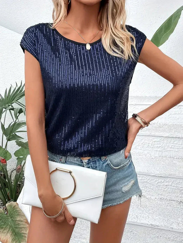 Women’s Blouse – Luxury Fabric – Relaxed Fit – Sequin Embellished – Cap Sleeve