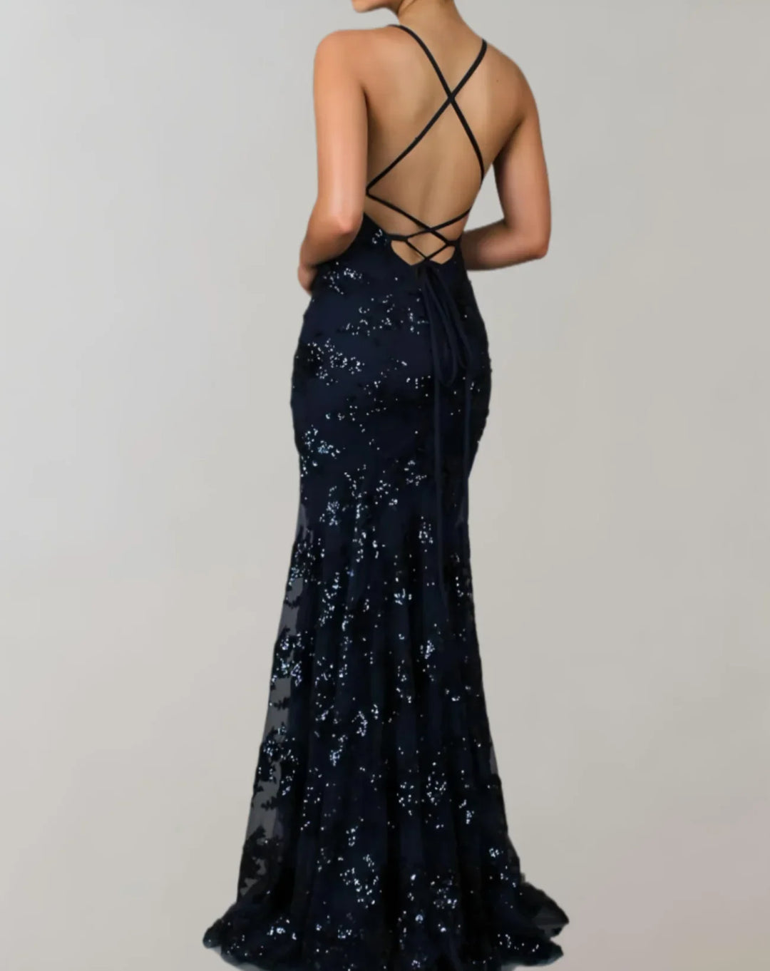 Women's Evening Gown - Sequin Embellished - Mermaid Silhouette - Deep V-Neck - Spaghetti Straps