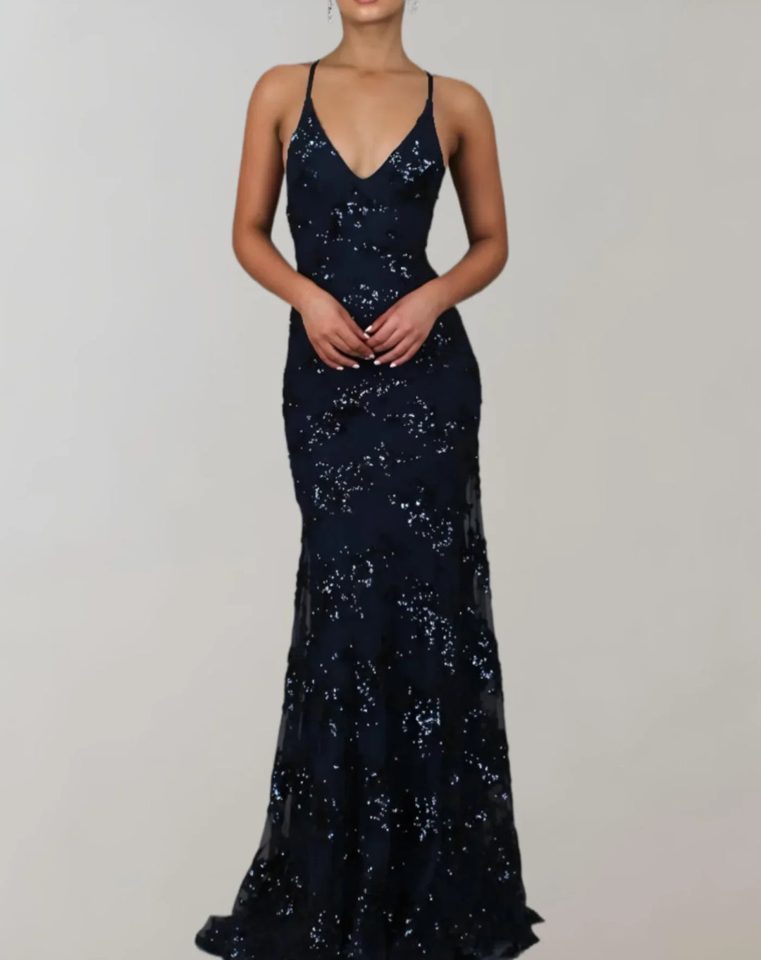 Women's Evening Gown - Sequin Embellished - Deep V-Neck - Spaghetti Straps - Mermaid Fit