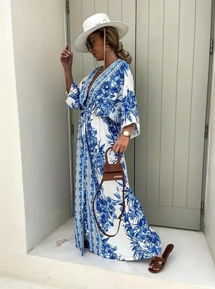 Women's Maxi Dress - Bohemian Style - V-Neck - Bell Sleeves - Cinched Waist - Flowy Fit