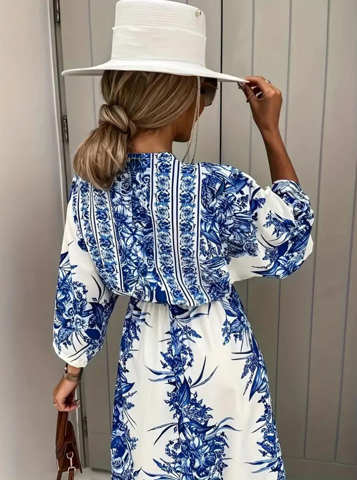 Women's Maxi Dress - Bohemian Style - V-Neck - Bell Sleeves - Cinched Waist - Flowy Fit