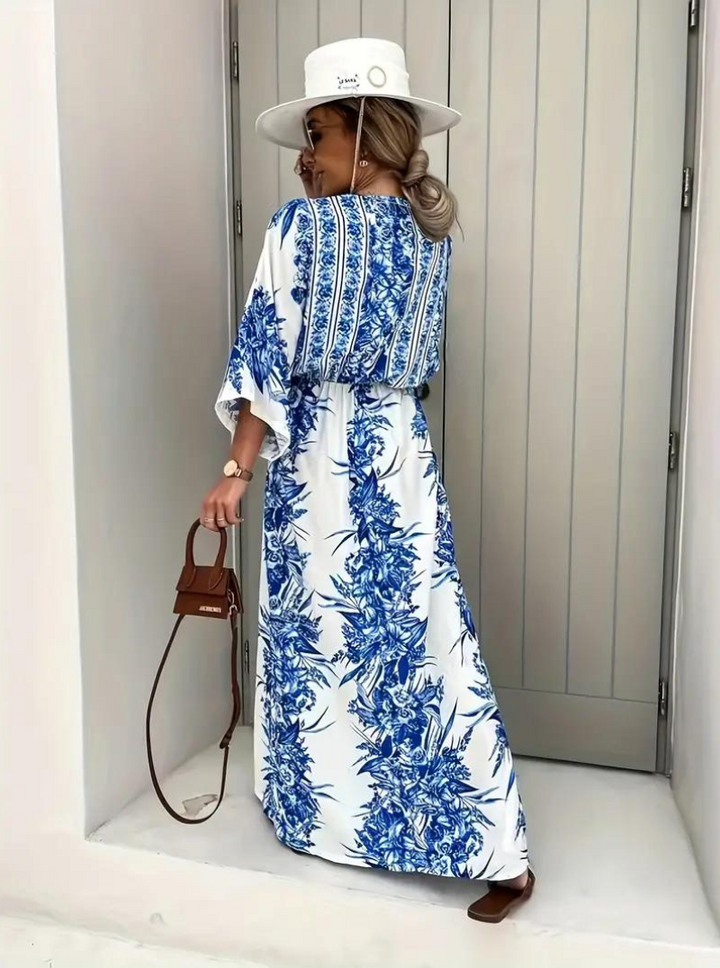 Women's Maxi Dress - Bohemian Style - V-Neck - Bell Sleeves - Cinched Waist - Flowy Fit