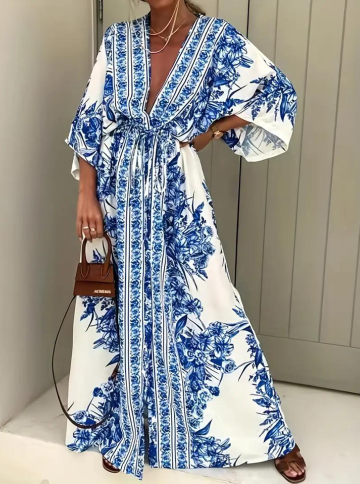 Women's Maxi Dress - Bohemian Style - V-Neck - Bell Sleeves - Cinched Waist - Flowy Fit
