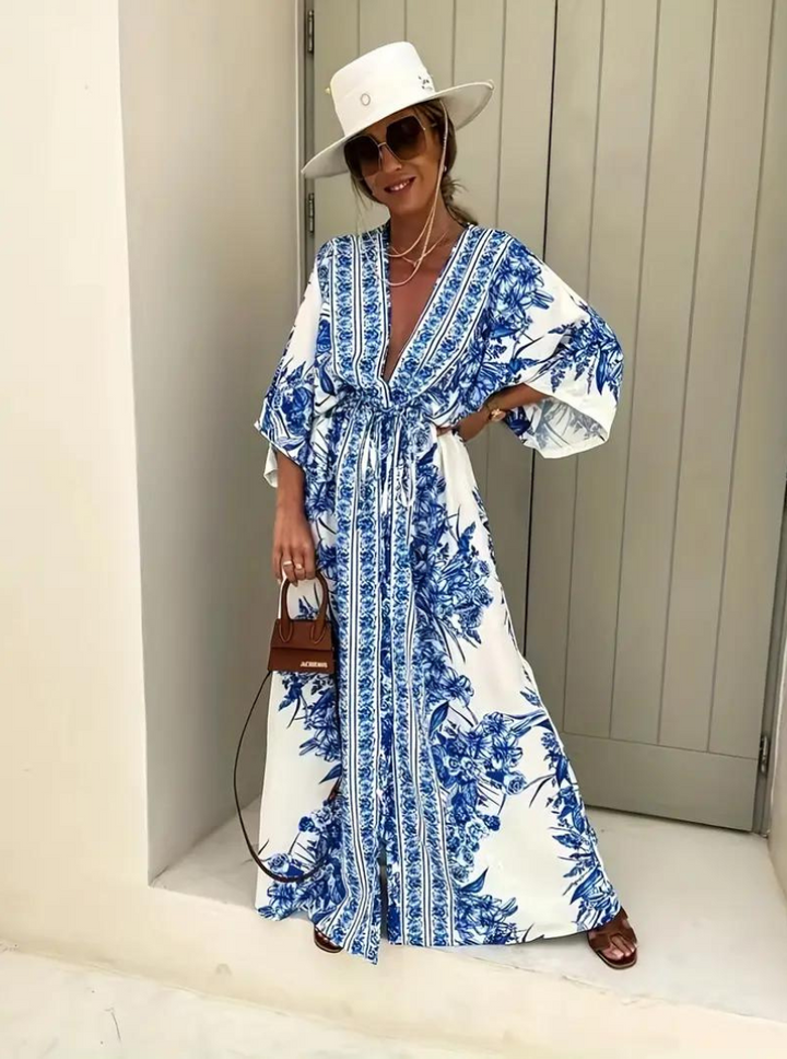 Women's Maxi Dress - Bohemian Style - V-Neck - Bell Sleeves - Cinched Waist - Flowy Fit