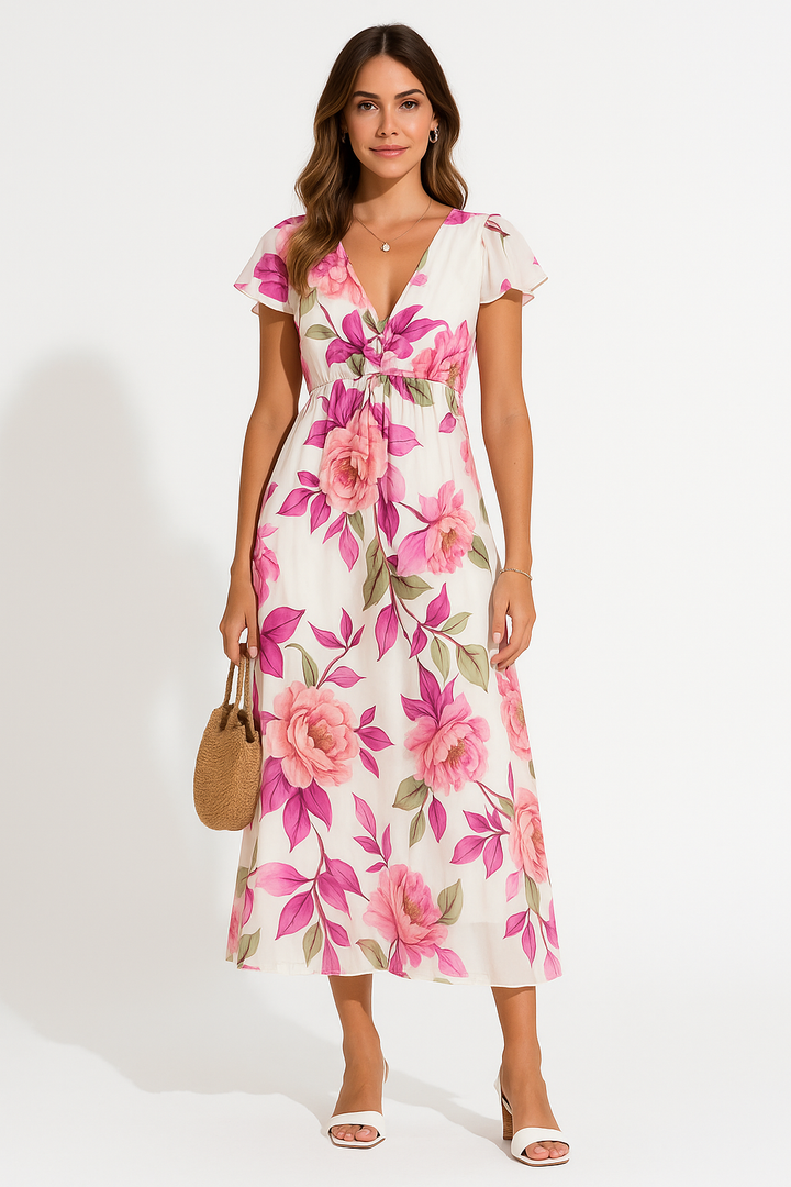 Women’s Maxi Dress – Lightweight Fabric – V-Neck – Flutter Sleeves – Relaxed Fit