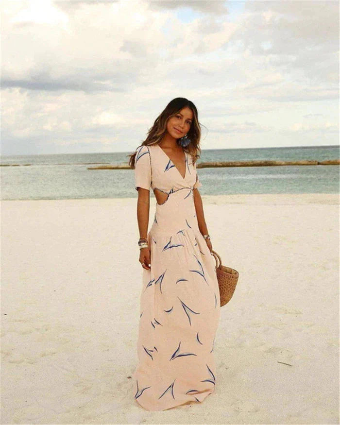 Women's Maxi Dress - V-Neck - Short Sleeve - Cut-Out Waist - Flowy Lightweight Fit