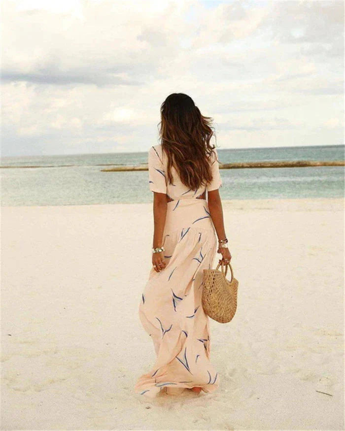 Women's Maxi Dress - V-Neck - Short Sleeve - Cut-Out Waist - Flowy Lightweight Fit
