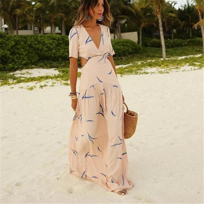 Women's Maxi Dress - V-Neck - Short Sleeve - Cut-Out Waist - Flowy Lightweight Fit
