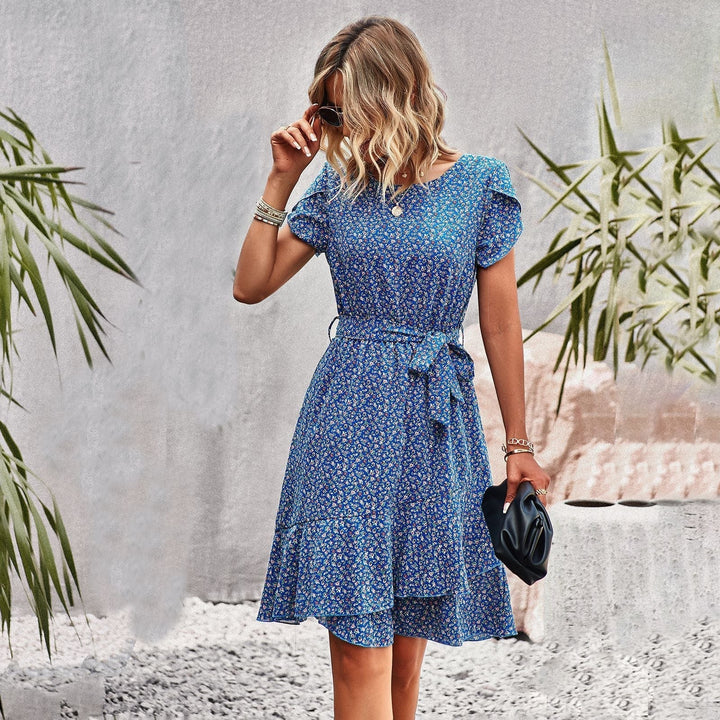 Women's Midi Dress - Floral Print - Short Sleeve - Layered Skirt - Waist Tie Belt