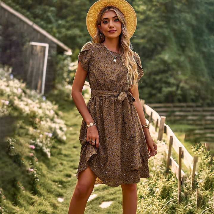 Women's Midi Dress - Floral Print - Short Sleeve - Layered Skirt - Waist Tie Belt