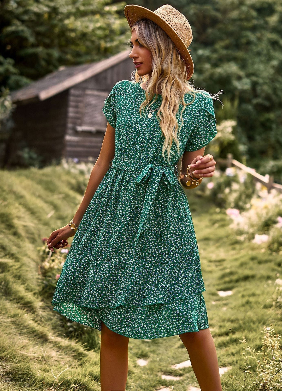 Women's Midi Dress - Floral Print - Short Sleeve - Layered Skirt - Waist Tie Belt