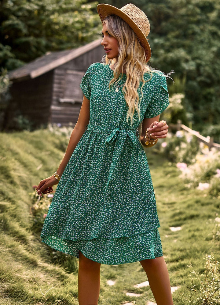 Women's Midi Dress - Floral Print - Short Sleeve - Layered Skirt - Waist Tie Belt