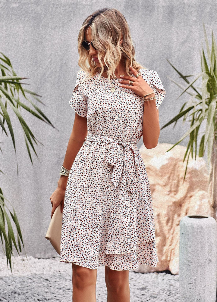 Women's Midi Dress - Floral Print - Short Sleeve - Layered Skirt - Waist Tie Belt