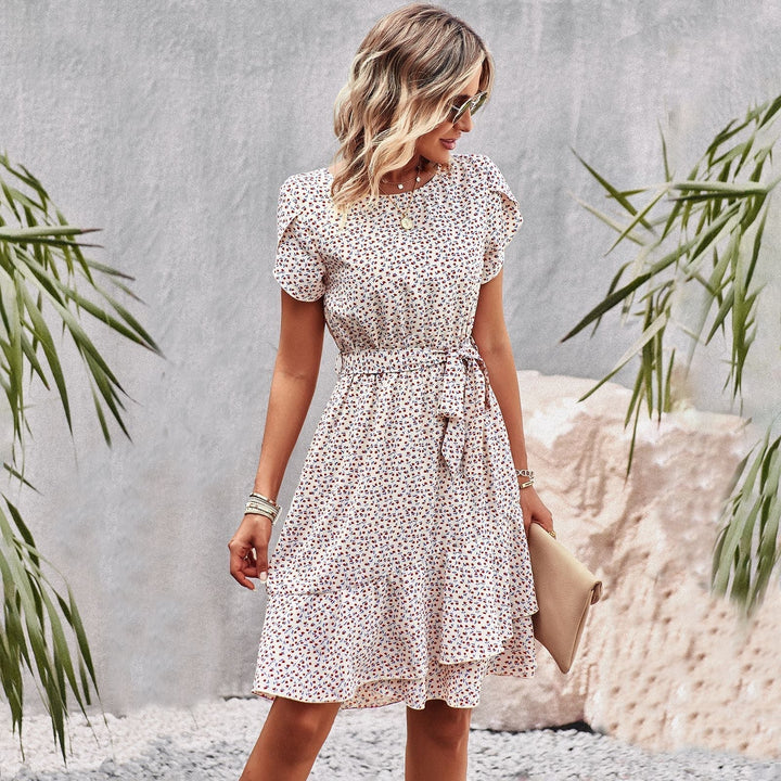 Women's Midi Dress - Floral Print - Short Sleeve - Layered Skirt - Waist Tie Belt
